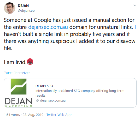 Dejan Petrovic äußert sich zu dem Google-Penalty über Twitter.