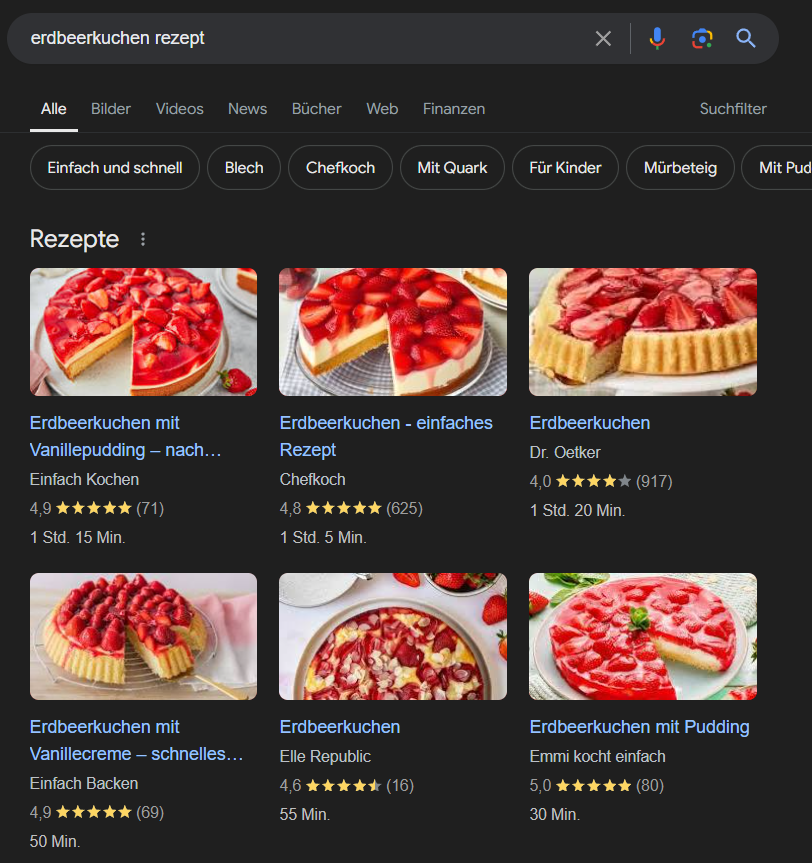 Ein Rezepte-Karussell auf dem SERP, welches verschiedene Erdbeerkuchen Rezepte auflistet.