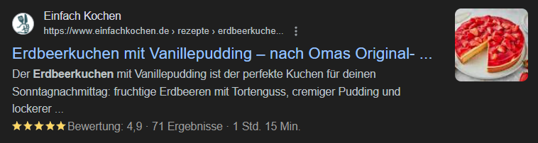 Screenshot eines Rich Results für Rezepte Suchbegriff: "Erdbeerkuchen Rezept"